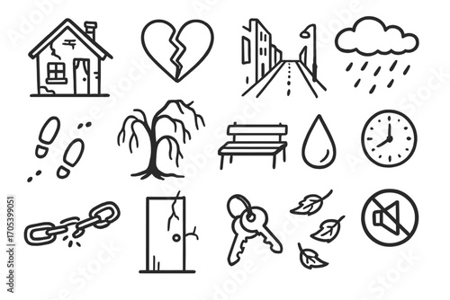 Loneliness Symbols Doodle. Hand-drawn doodle illustration loneliness after losing a place abandoned house, broken heart, empty