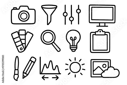 Hand-Drawn Design Elements. Hand-drawn doodle illustration filter preset camera, sliders, settings icon, computer screen, color