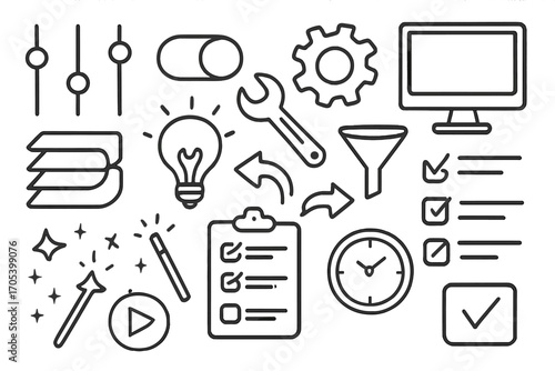 Icon Collection Illustration. Hand-drawn doodle illustration control preset sliders, toggle switch, gear, wrench, computer screen,