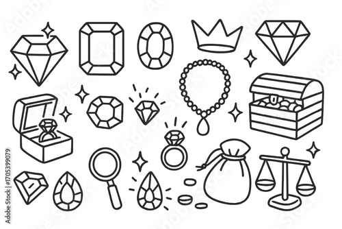 Jewelry Doodle Icons. Hand-drawn doodle illustration precious stones and diamonds diamond, ruby, emerald, sapphire, jewelry box,