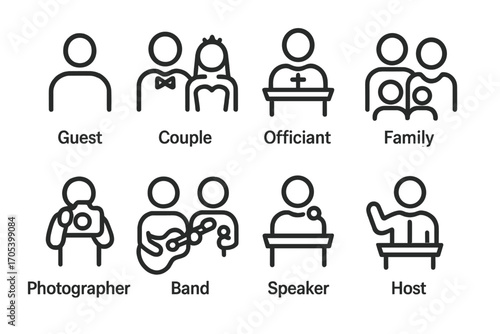 Ceremony Attendee Icons. Outline icon set of ceremony attendees: guest, couple, officiant, family, photographer, band, speaker,