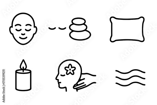 Massage Relaxation Icons. Outline icon set of massage relaxation: calm face, closed eyes, zen stones, soft pillow, scented candle,