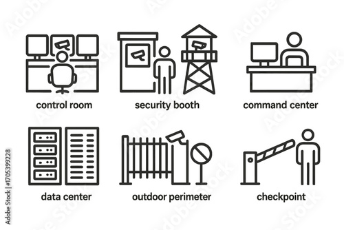 Surveillance Outline Icons. Outline icon set of surveillance environments: control room, security booth, observation tower,