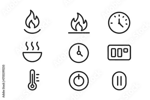Slow Cooker Icons. Outline icon set of slow cooker settings: low heat, high heat, keep warm, timer clock, temperature gauge,
