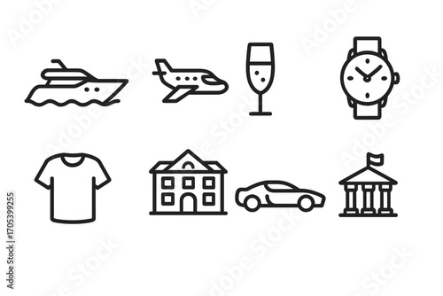Elite Lifestyle Icons. Outline icon set of elite lifestyle: yacht, private jet, champagne glass, luxury watch, designer clothes,