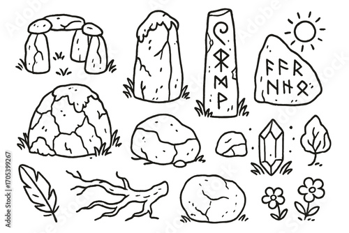 Ancient Stone Doodle. Hand-drawn doodle illustration ancient stones stone circle, monolith, carved pillar, ancient runes, moss,