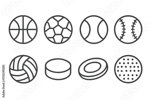Sports Equipment Icons. Outline icon set of circular sports equipment: basketball, soccer ball, tennis ball, baseball, volleyball,