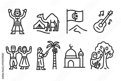 Algerian Festival Icons. Outline icon set of Algerian festivals: Yennayer (Berber New Year), Sahara Festival, National Day, Music