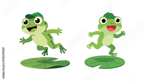 Pair of cute cartoon frog characters jumping. Funny amphibian mascot with a baseball cap. Vector illustration isolated on a white background.