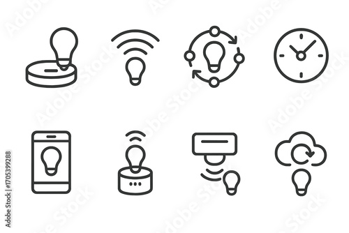 Smart Home Lighting Icons. Outline icon set of smart home lighting: hub, Wi-Fi signal, automation, timer clock, smartphone, voice
