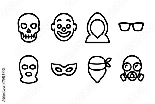 Intimidation Masks Icons. Outline icon set of intimidation masks and disguises: skull mask, clown mask, hood, sunglasses,