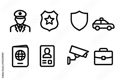 Senator Security Icons. Outline icon set of senator security and protocol: guard, security badge, shield, police car, passport,