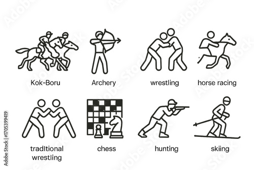 Kyrgyz & Chinese Icons. Outline icon set of Kyrgyz sports and games: kok-boru horseback game, archery, wrestling, horse racing,