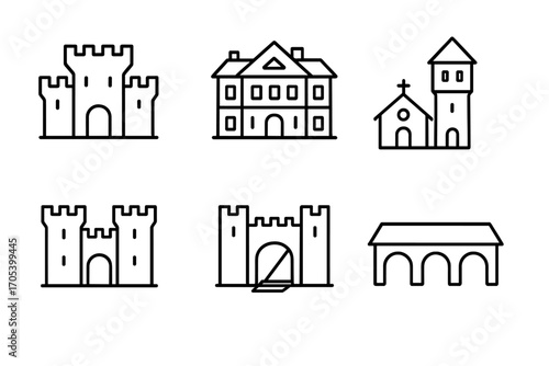 Duchy Building Icons. Outline icon set of duchy buildings: fortress, manor house, chapel, watchtower, gatehouse, drawbridge,