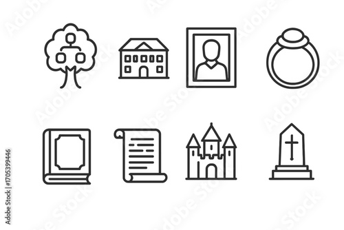 Noble Family Icon Set. Outline icon set of noble family and heritage: family tree, mansion, portrait, heirloom ring, old book,