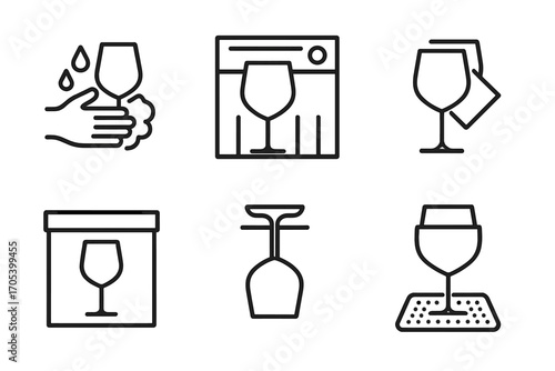 Glassware Care Icons. Outline icon set of glassware care: hand washing, dishwasher safe, drying rack, polishing cloth, storage box