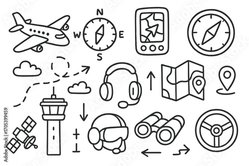 Aviation Navigation Icons. Hand-drawn doodle illustration aerial navigation airplane, compass, GPS device, radar, map, satellite,