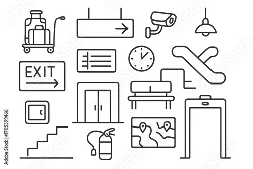 Airport Doodle Icons. Hand-drawn doodle illustration airport corridor luggage cart, signboard, exit sign, security camera, door,