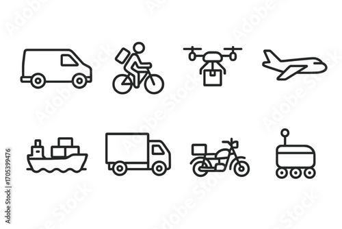 Delivery Icons Set. Outline icon set of delivery vehicle types: cargo van, bike courier, drone, airplane, cargo ship, truck,