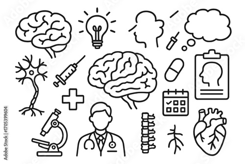 Cognitive Elements Doodle. Hand-drawn doodle illustration cerebrum cognition cerebrum, brain, light bulb, thought bubble, neuron,