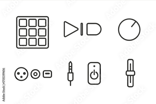 MIDI Pad Icon Set. Outline icon set of MIDI pad components: drum pads, play/pause, record, knob control, slider bar, connection