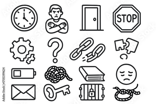 Symbols of Inaction. Hand-drawn doodle illustration inability to act frozen clock, crossed arms, locked door, stop sign, broken