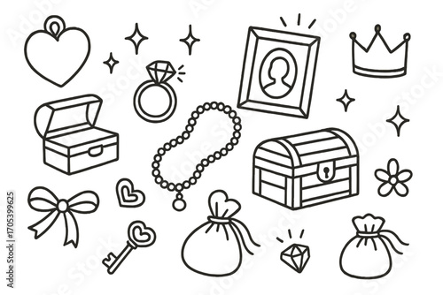 Precious Keepsake Icons. Hand-drawn doodle illustration precious keepsakes locket, photo frame, jewelry box, diamond ring, pearl
