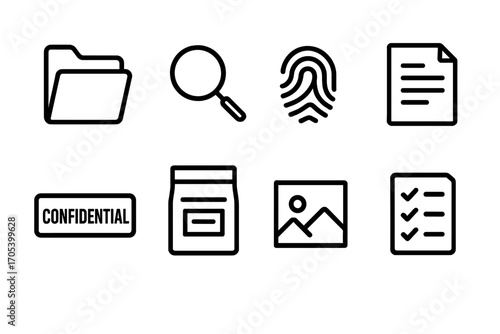 Case File Icons. Outline icon set of case file elements: folder, magnifying glass, fingerprint, document, confidential stamp,