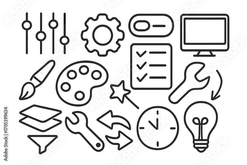 Creative Tool Icons. Hand-drawn doodle illustration preset sliders, gear, toggle switch, computer screen, paintbrush, color