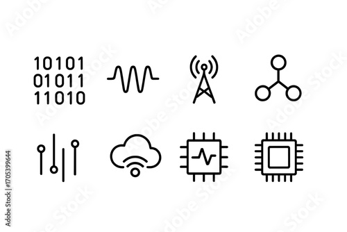 Digital Signal Icons. Outline icon set of digital signals: binary code, signal wave, digital antenna, network node, data stream,