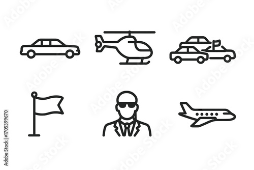 Presidential Transport Icons. Outline icon set of presidential transport: limousine, helicopter, motorcade, security car, jet,