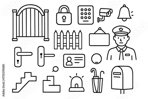 Security Gate Doodle. Hand-drawn doodle illustration entry gate gate, lock, keypad, camera, bell, sign, fence, handle, keycard,