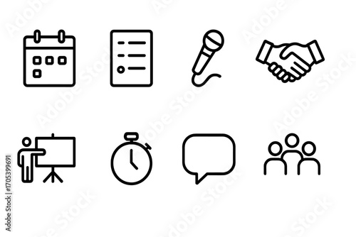 Chamber and Baron Icons. Outline icon set of chamber meetings and events: calendar, agenda, microphone, handshake, presentation