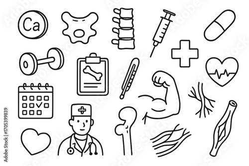 Bone Health Icons. Hand-drawn doodle illustration vertebrae bone health calcium tablet, vertebrae, spine, syringe, pill, dumbbell,