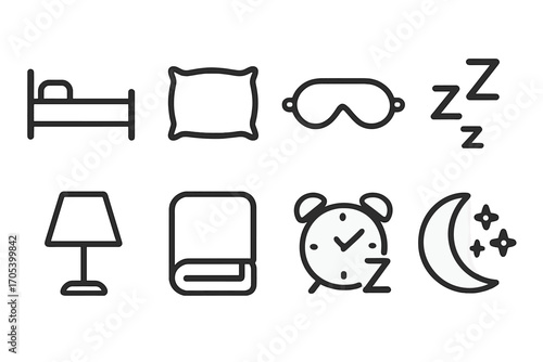 Sleep Icon Set. Outline icon set of sleep and napping: bed, pillow, sleep mask, zzz symbol, night lamp, blanket, snooze alarm,