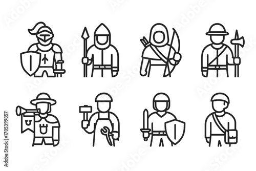 Castle Personnel Icons. Outline icon set of castle gate personnel: knight, guard, archer, sentry, herald, blacksmith, squire,