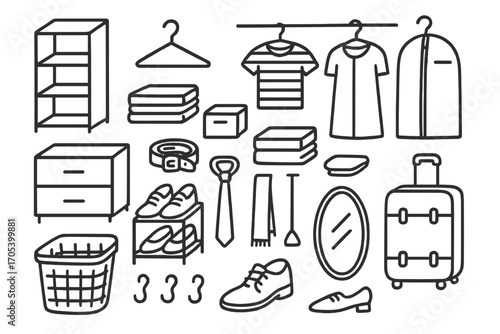 Closet Organization Icons. Hand-drawn doodle illustration Closet space optimization shelf, hanger, shoe rack, storage box, folded