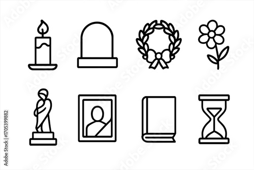 Legacy Remembrance Icons. Outline icon set of legacy remembrance: candle, memorial stone, wreath, flower, statue, photo frame,