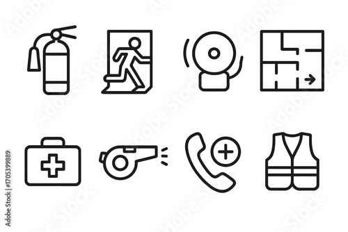 Emergency Protocol Icons. Outline icon set of emergency protocols: fire extinguisher, emergency exit, alarm bell, evacuation plan,
