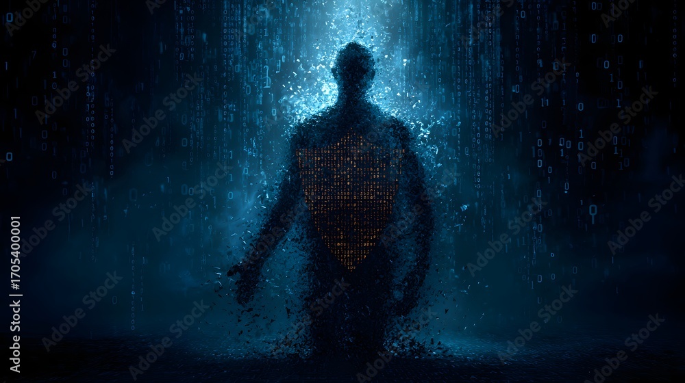 Mysterious silhouette of man emerging from glowing blue digital rain
