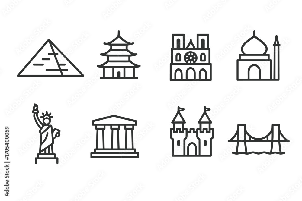 Fototapeta premium Cultural Icons Outline. Outline icon set of cultural landmarks: pyramid, pagoda, cathedral, mosque, statue, ancient ruin, castle,