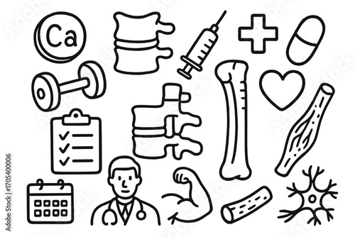 Bone Health Icons. Hand-drawn doodle illustration vertebrae bone health calcium tablet, vertebrae, spine, syringe, pill, dumbbell,