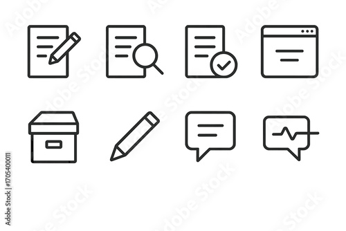 Icon Sets Workflow and Locations. Outline icon set of annotation workflow: draft, review, approval, publish, archive, edit,