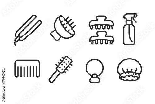 Silky Hair Tools Icons. Outline icon set of silky hair tools: straightener, diffuser, hair clips, spray bottle, wide-tooth comb,
