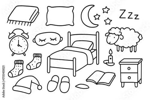 Peaceful Sleep Doodles. Hand-drawn doodle illustration Peaceful sleep environment blanket, pillow, bed, moon, stars, sleeping mask