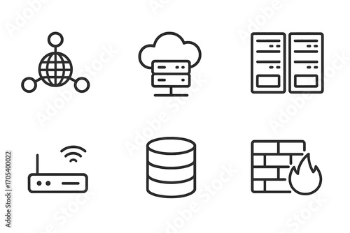 Global Network Icons. Outline icon set of global network: network nodes, cloud server, wifi signal, data center, router, database,