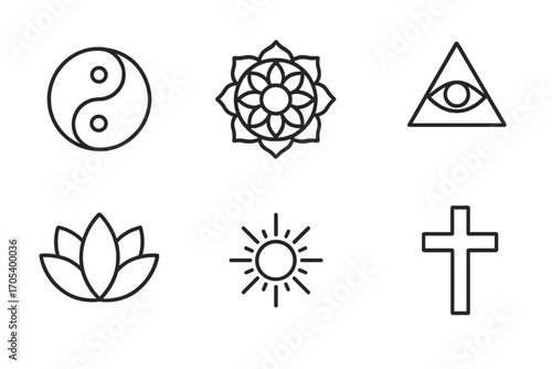Spiritual Symbol Icons. Outline icon set of spiritual symbols: yin yang, mandala, lotus flower, eye of providence, crescent moon,