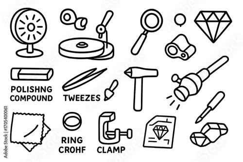 Gem Cutting Tools Icons. Hand-drawn doodle illustration gem cutting tools polishing wheel, faceting machine, loupe, magnifying