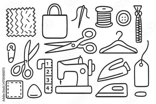 Sewing Tools Doodle Icons. Hand-drawn doodle illustration Cloth bag patterns and materials fabric pattern, tote bag, stitching