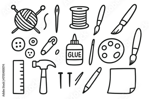 Craft Tools Icons. Hand-drawn doodle illustration textile crafts yarn ball, knitting needles, sewing needle, thread spool,